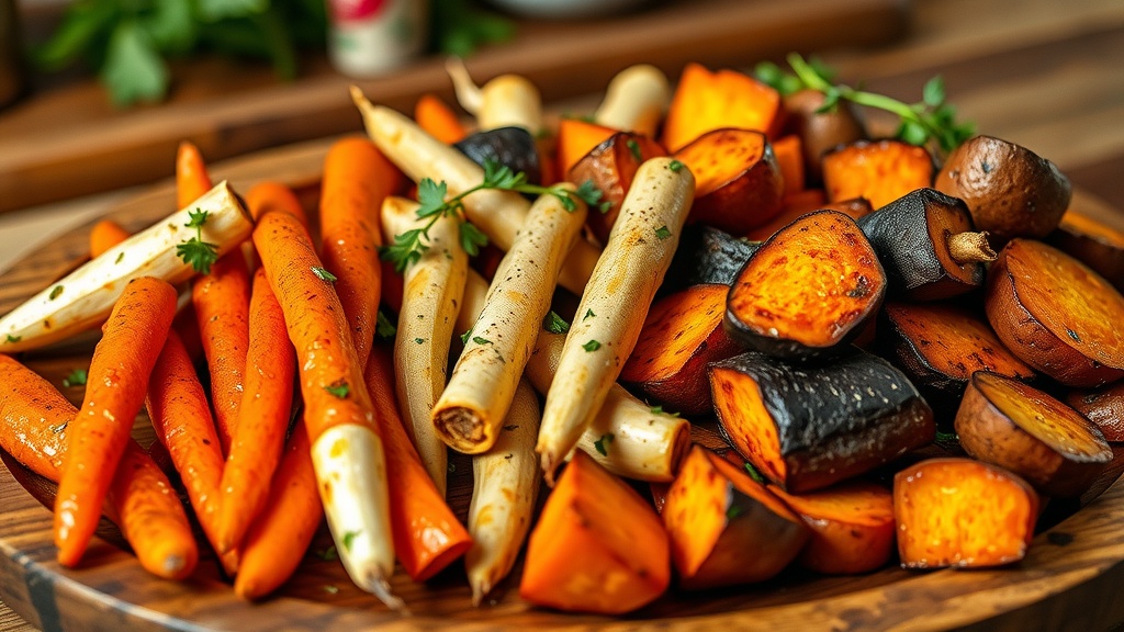 Savory Roasted Root Vegetables Recipe A platter of caramelized roasted root vegetables, showcasing carrots, parsnips, and sweet potatoes, garnished with herbs.